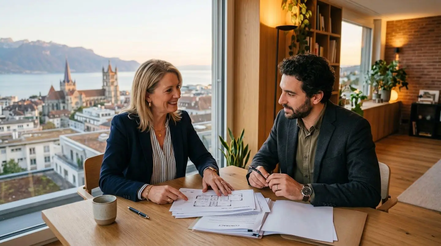 Conseiller immobilier discutant d'un plan de financement avec un client dans un bureau lausannois lumineux, documents sur la table