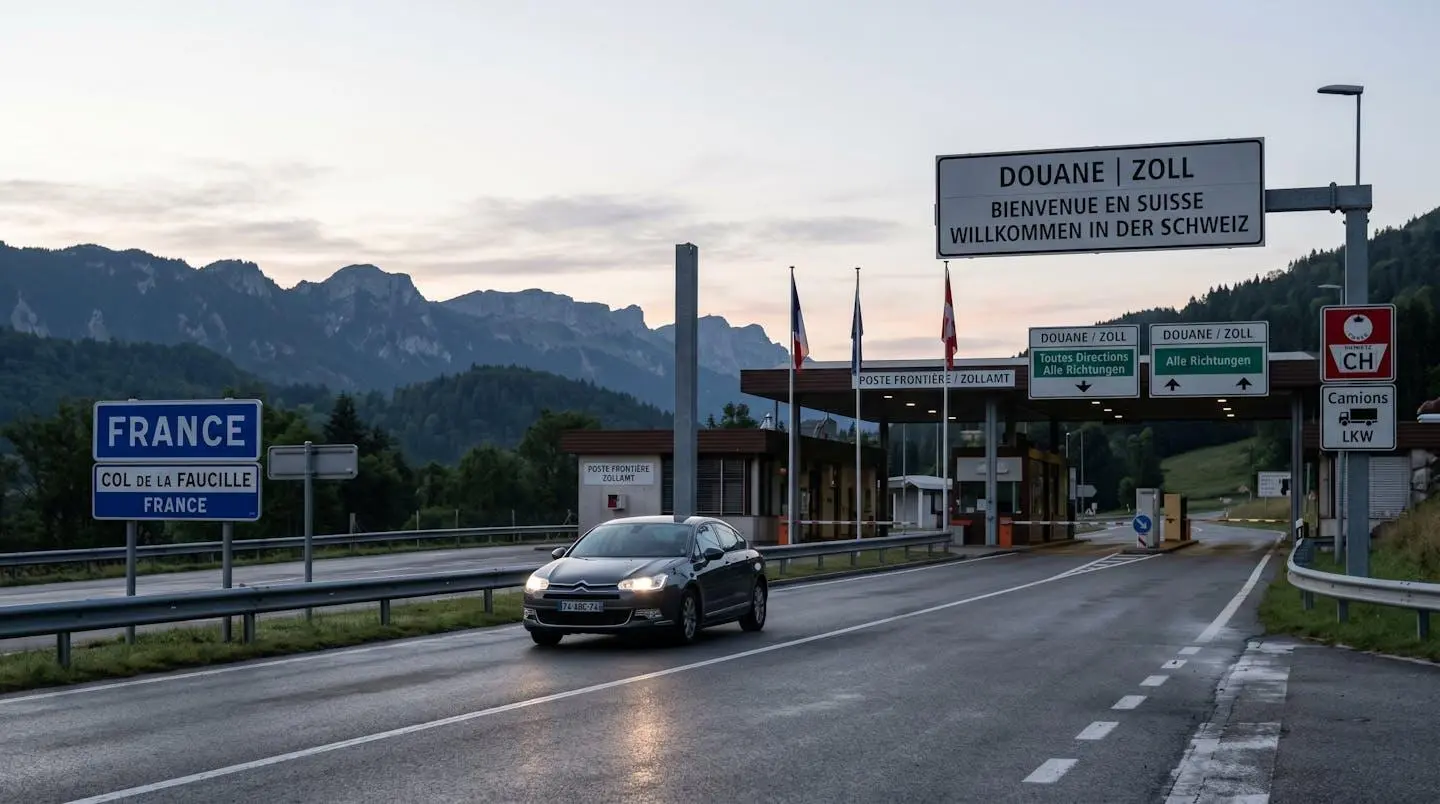 Travailleur frontalier en voiture traversant un poste frontière franco-suisse au lever du jour, symbole de la mobilité transfrontalière quotidienne