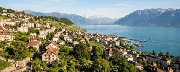 Vue panoramique de Lausanne depuis les terrasses dominant le lac Léman, illustrant le marché immobilier prisé accessible aux travailleurs frontaliers