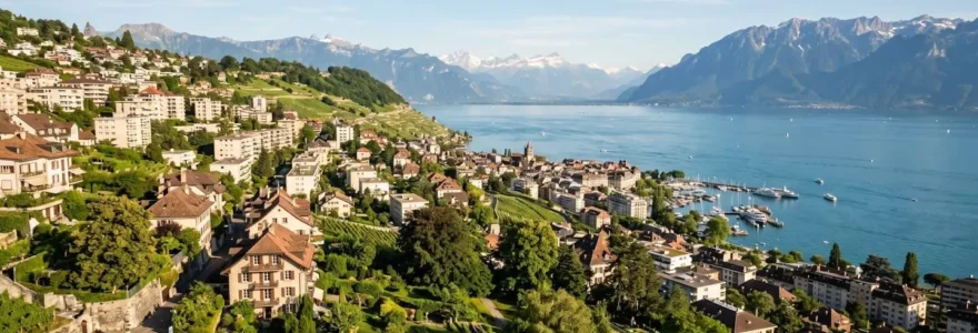 Vue panoramique de Lausanne depuis les terrasses dominant le lac Léman, illustrant le marché immobilier prisé accessible aux travailleurs frontaliers